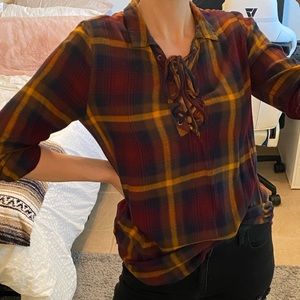 Lace front long sleeved plaid top